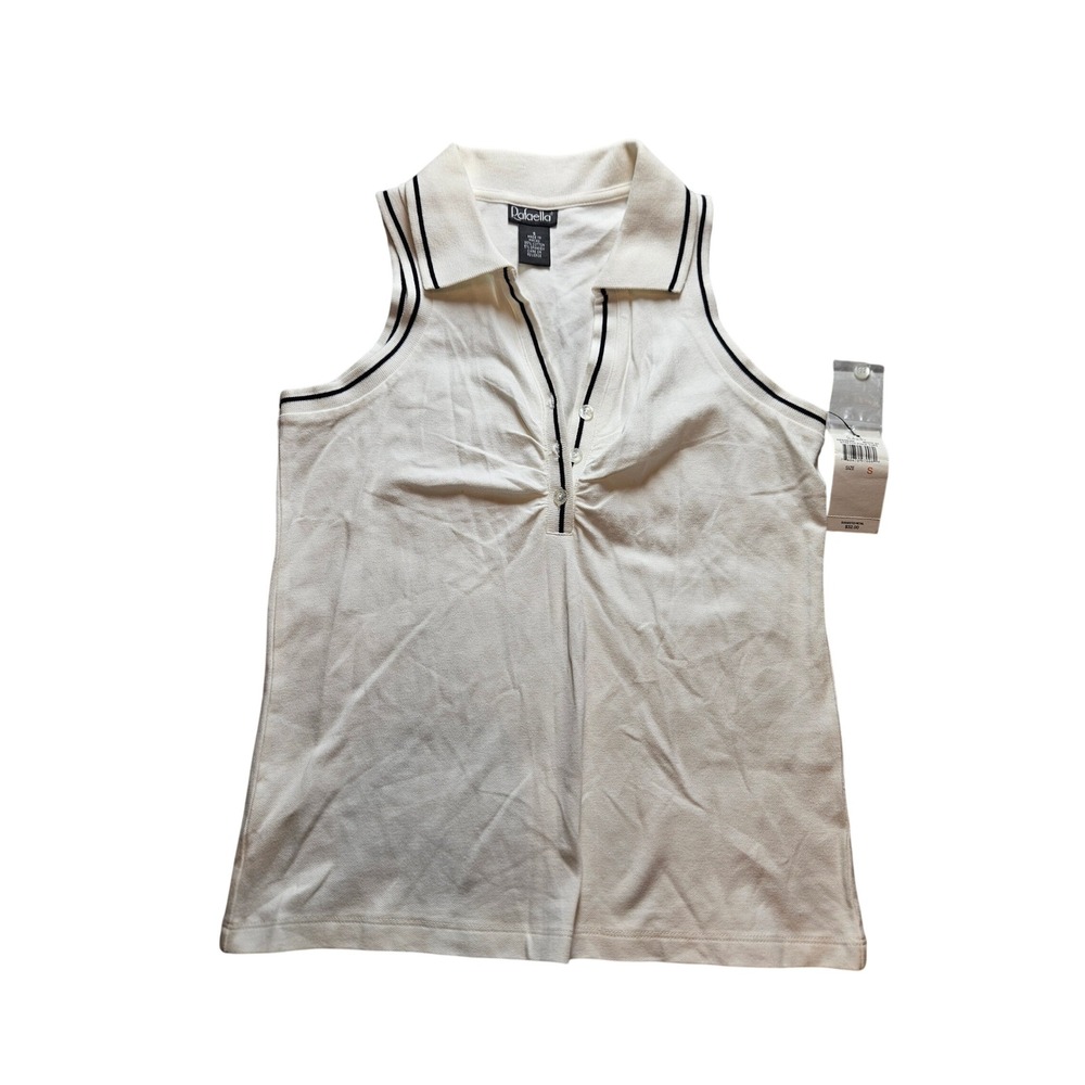Rafaella Womens White Stretch Pique Sleeveless Polo Top Navy Trim RP6383M Small